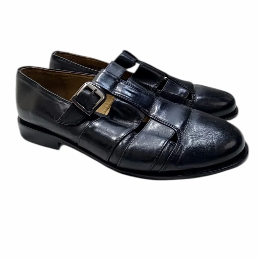 Johnston & Murphy Cellini Black Italian Leather Fisherman Buckle Shoes Size 10